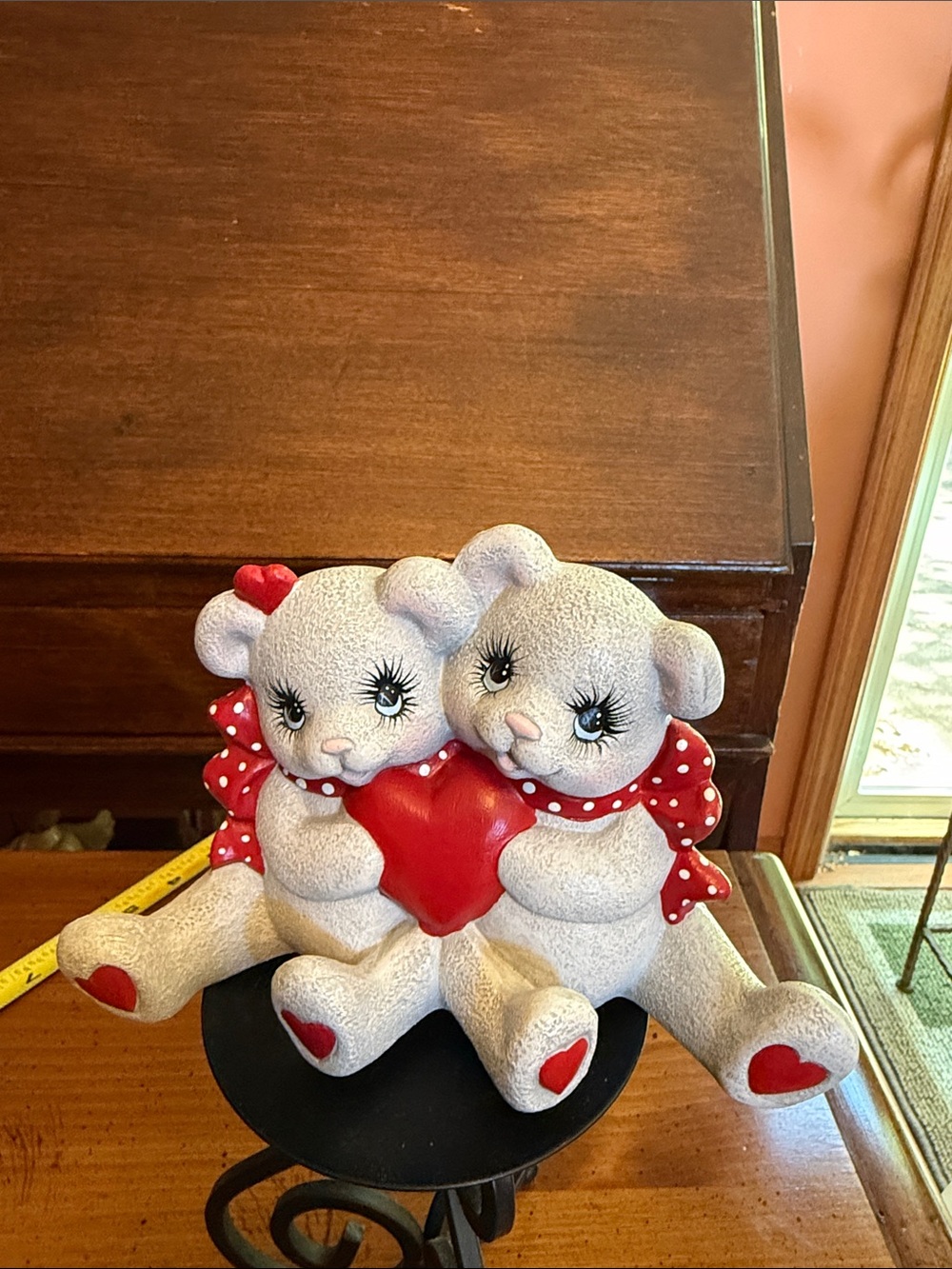 Hand Painted- Adorable Pair of White Teddy Bears Holding Red Heart Figurine